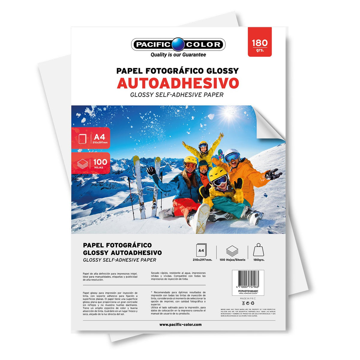 Papel Fotográfico Glossy Autoadhesivo Pacific Color A4 180g (100 Hojas)