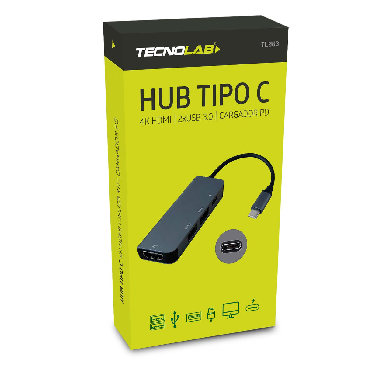 Hub Tecnolab tipo C HDMI 4k, 2 USB 3.0