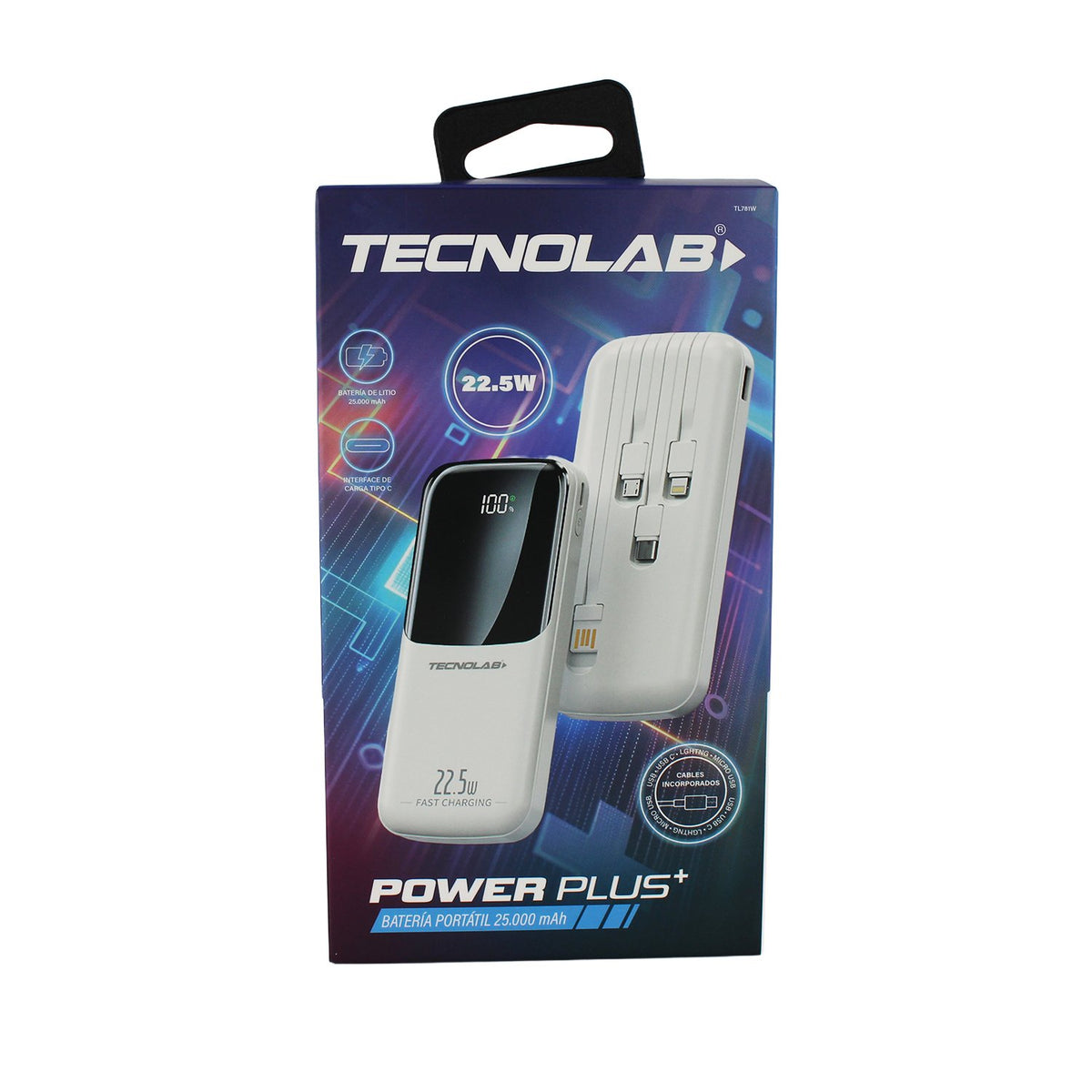 Power Bank 25000MAH Tecnolab con 4 cables White