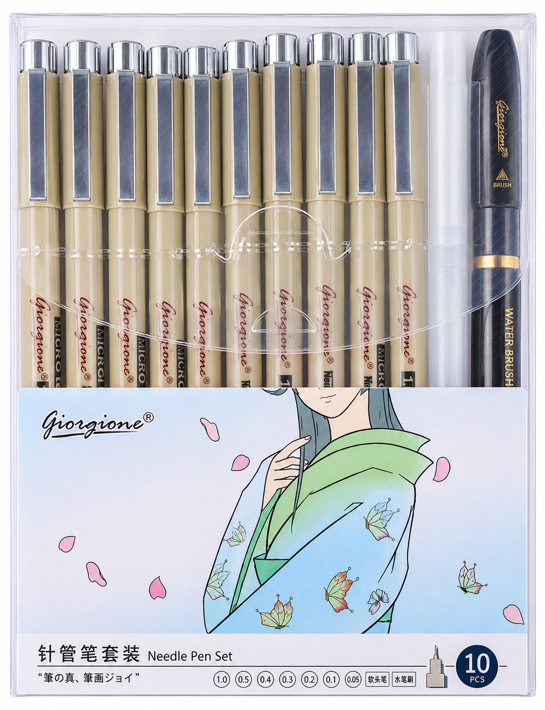 Set 10 Estilógrafos Giorgione ZG010 con Punta Blanda y Pincel de Agua