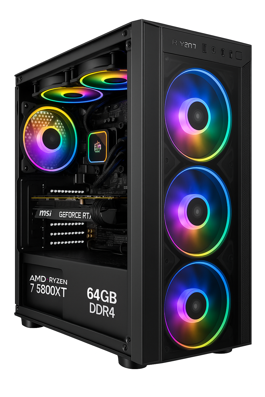 PC Gamer PRO Ryzen 7 5800XT, MSI RTX 4060 8GB, 64GB DDR4 RGB, SSD NVMe 1TB, ASUS B550M-A AC WiFi, Refrigeración Líquida 240mm, Gabinete Duoface ARGB – Windows 11 Pro