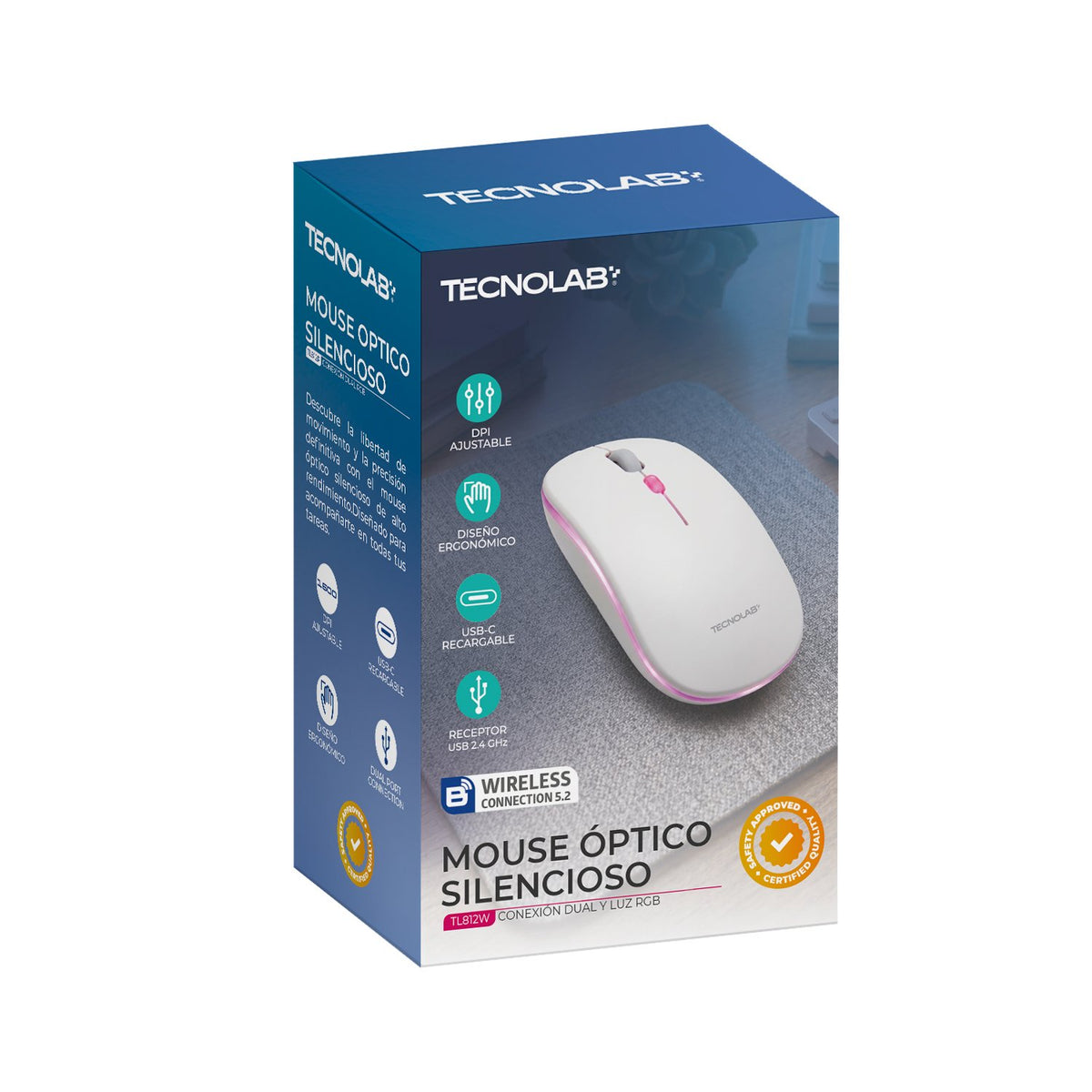 Mouse Óptico Silencioso Tecnolab RGB Dual (Bluetooth 5.2 + 2.4 GHz) Blanco