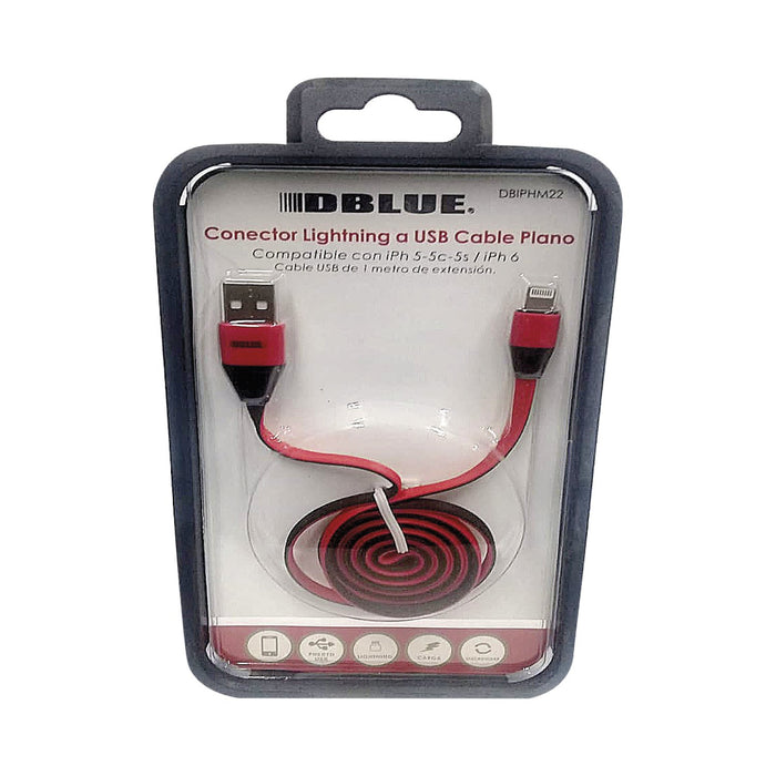 Cable USB plano a Lightning, 1 mts. (no se enreda). DBlue
