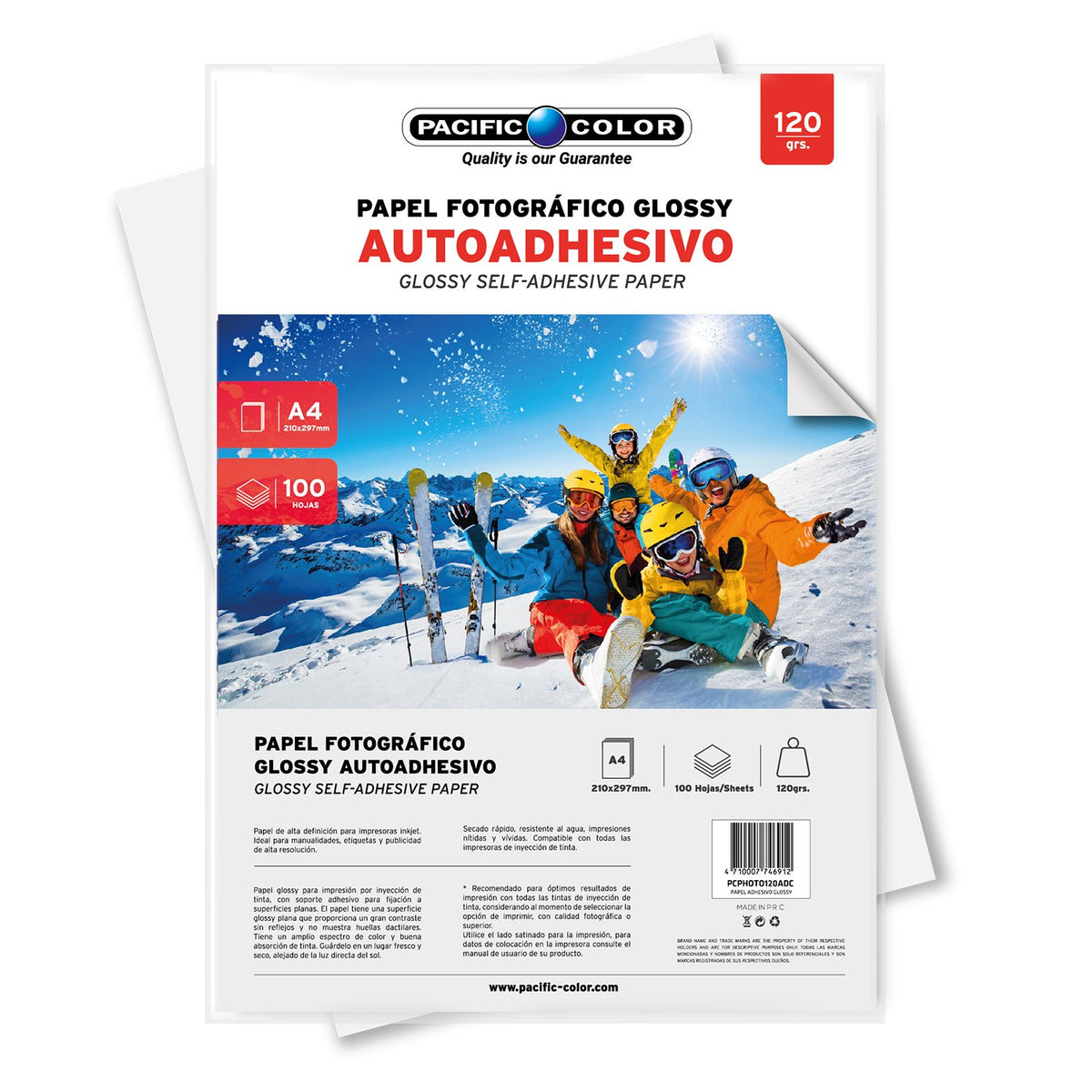 Papel Fotográfico Pacific Glossy Autoadhesivo Tamaño A4 de 100 Hojas (120g)