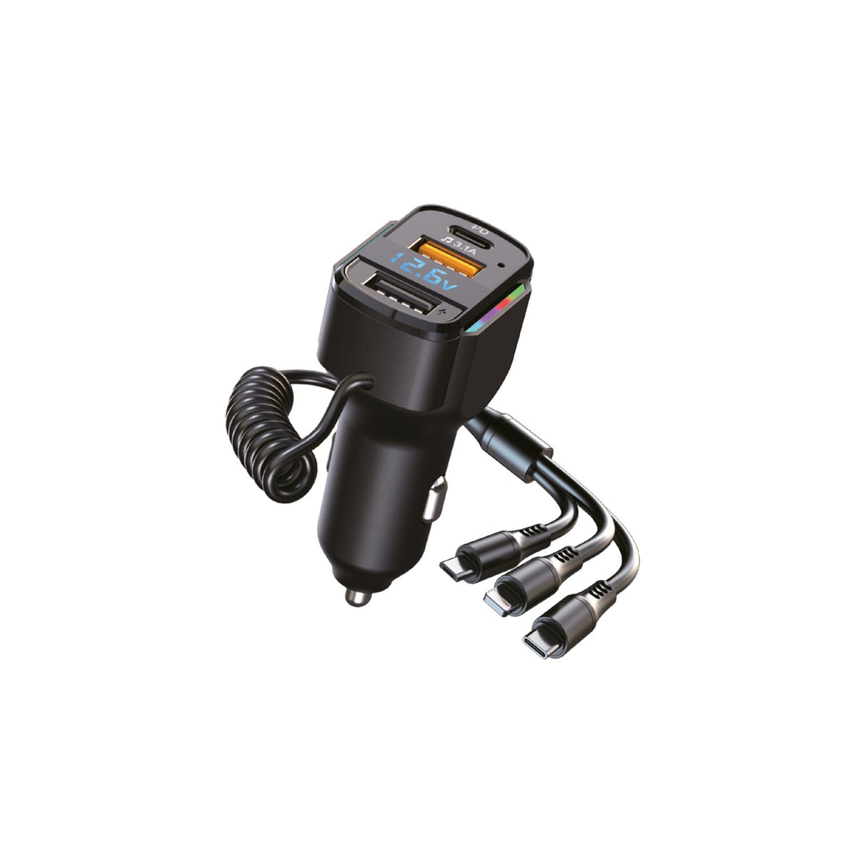 Cargador Tecnolab automóvil, RGB, USB 5V, 3.1A, 65W