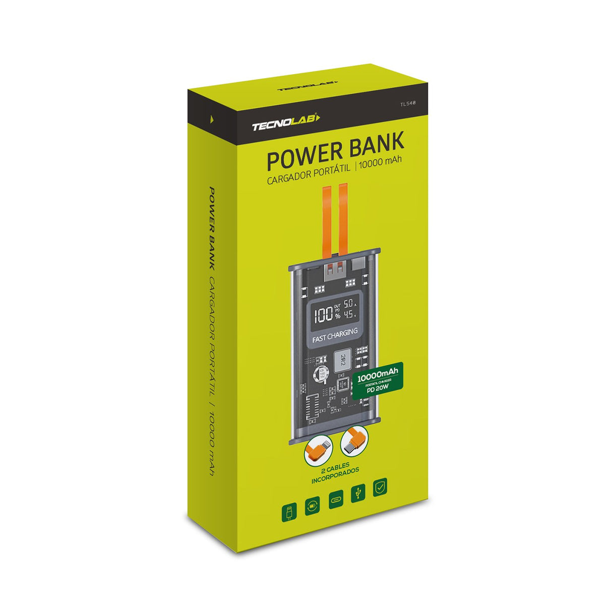 Power Bank Tecnolab 10000MAH 22,5W 2 cables, gray