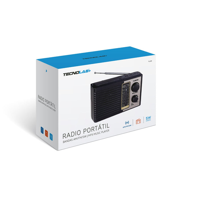 radio Tecnolab portátil antena telescópica, batería 5W
