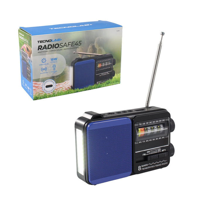 Radio solar Tecnolab portátil y recargable azul