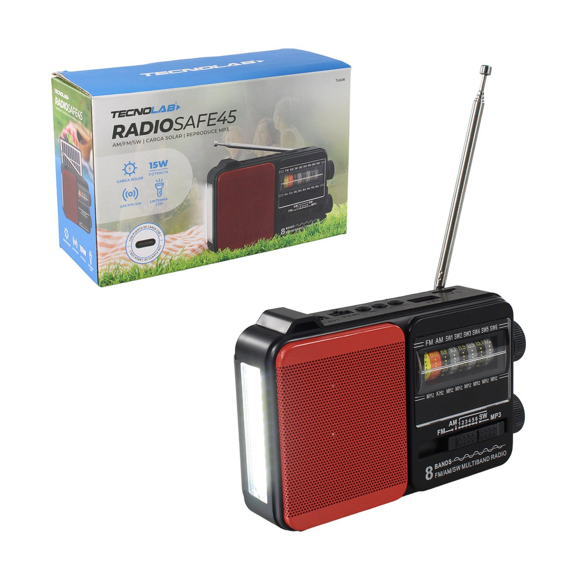 Radio solar Tecnolab portátil y recargable roja