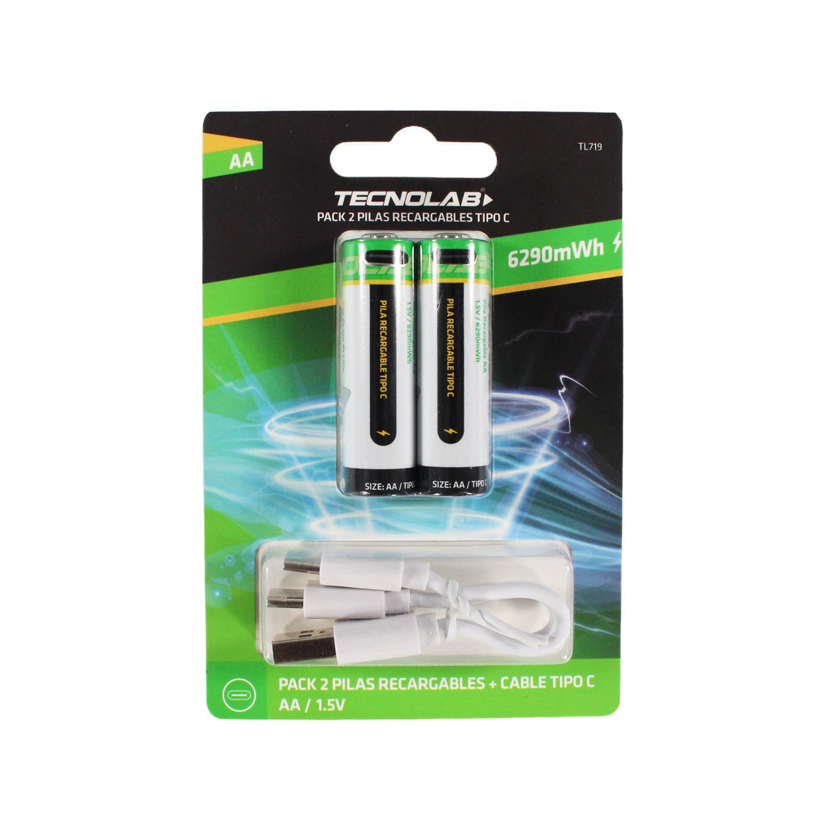 Pack 2 pilas recargables Tecnolab AA tipo C, 6.290 mWh.
