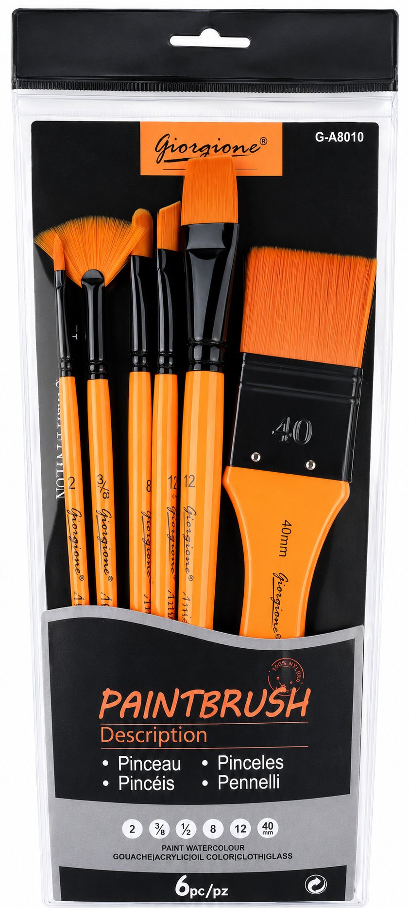 Set 6 Pinceles Giorgione G-A8010 100% Nylon Mango Naranja