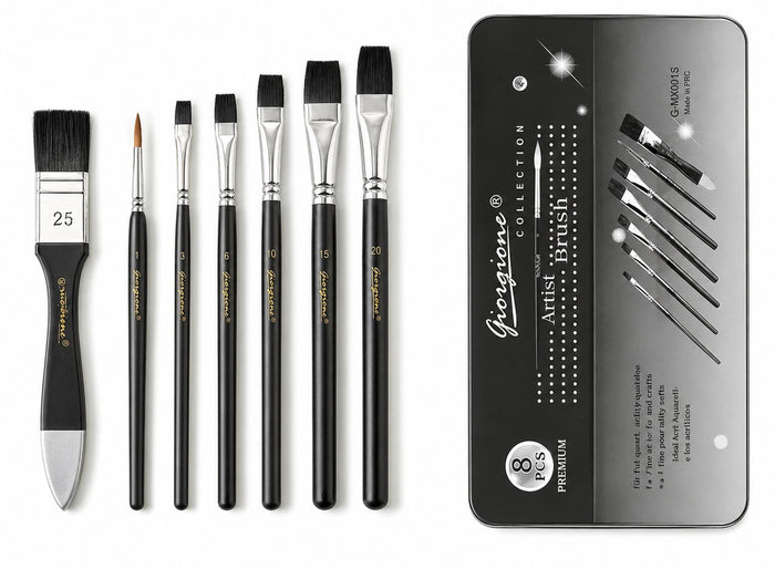 Set 8 Pinceles Giorgione MX001 Pelo Negro y Mango Negro en Estuche Metálico