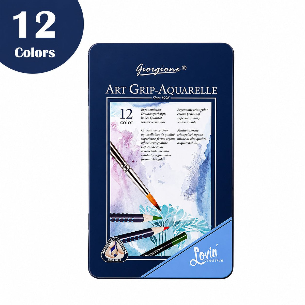 Set 12 Lápices de Color Acuarelables Giorgione Art Grip + Pincel en Caja Metálica