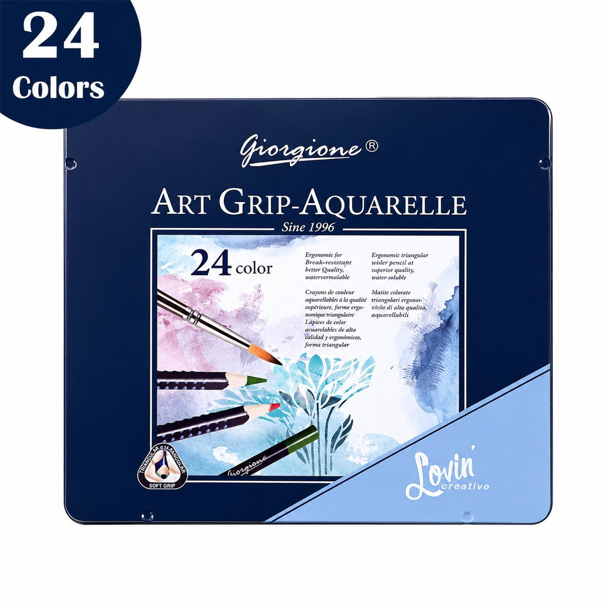 Set 24 Lápices de Color Acuarelables Giorgione Art Grip + Pincel en Caja Metálica