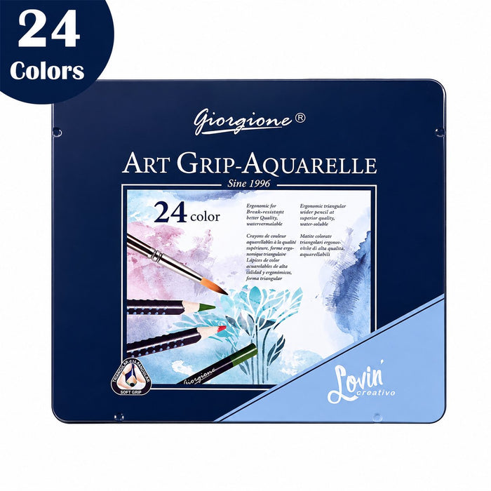 Set 24 Lápices de Color Acuarelables Giorgione Art Grip + Pincel en Caja Metálica