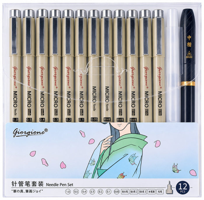 Set 12 Estilógrafos Giorgione ZG012 con 3 Puntas Blandas, Pincel de Agua y Pluma Caligráfica