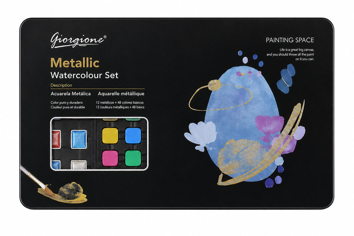 Set 60 Colores Acuarela Metálica Giorgione ZG · 12 Metálicos + 48 Básicos