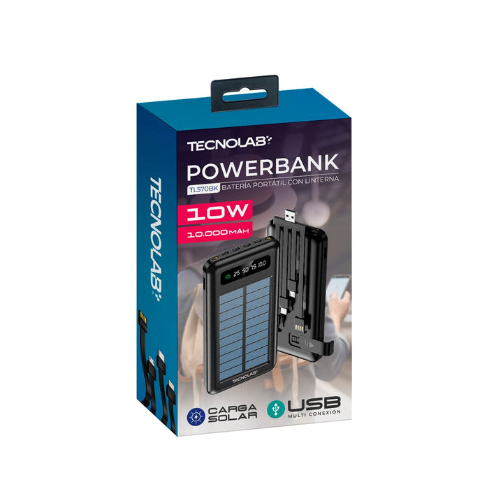 Power Bank Solar 10.000 mAh Tecnolab con Cables Incorporados y Linterna