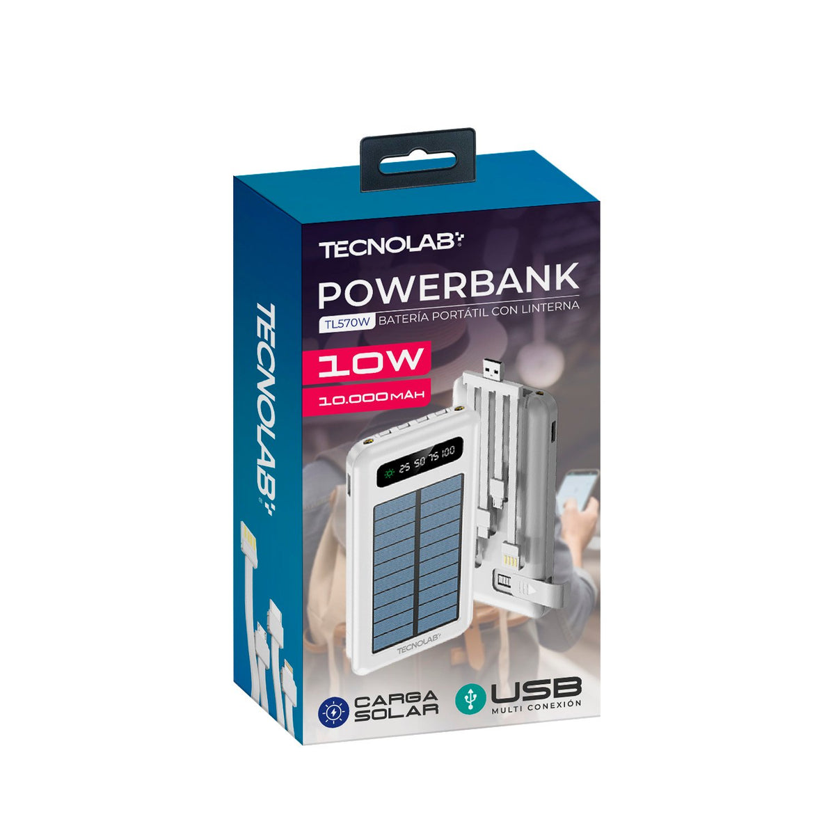 Power Bank Solar 10.000 mAh Tecnolab con Cables Incorporados y Linterna
