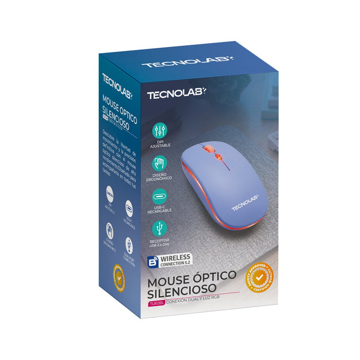 Mouse Óptico Silencioso Tecnolab RGB Dual (Bluetooth 5.2 + 2.4 GHz) Azul