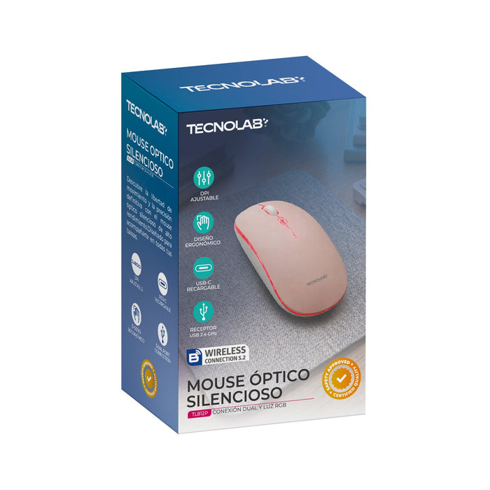 Mouse Óptico Silencioso Tecnolab RGB Dual (Bluetooth 5.2 + 2.4 GHz) Rosa